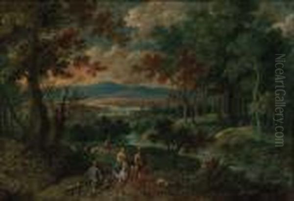 A Wooded Mountainous Landscape With Travellers On Horseback Withhunting Dogs Oil Painting by Pieter Gysels