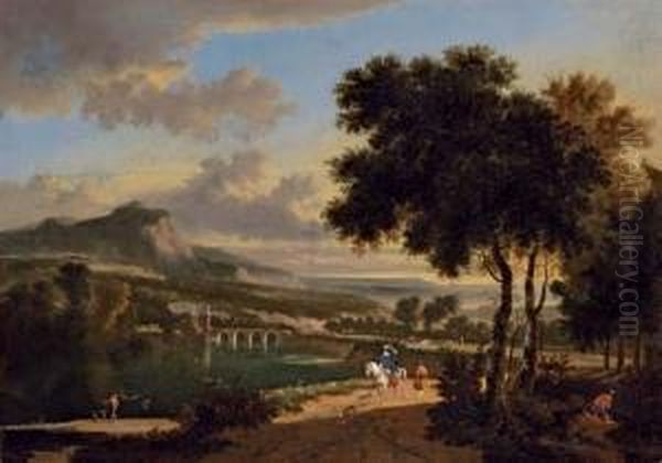 An Extensive Landscape With 
Travellers, Fishermen And Cattle Drovers On A Path, A Roman Bridge 
Beyond Oil Painting by Jan Hackaert