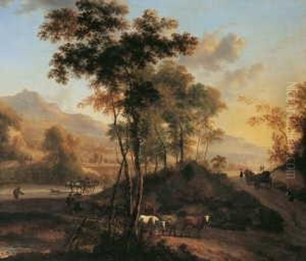 Landschaft Mit Bauern, Vieh Und Pferdefuhrwerken. Oil Painting by Jan Hackaert