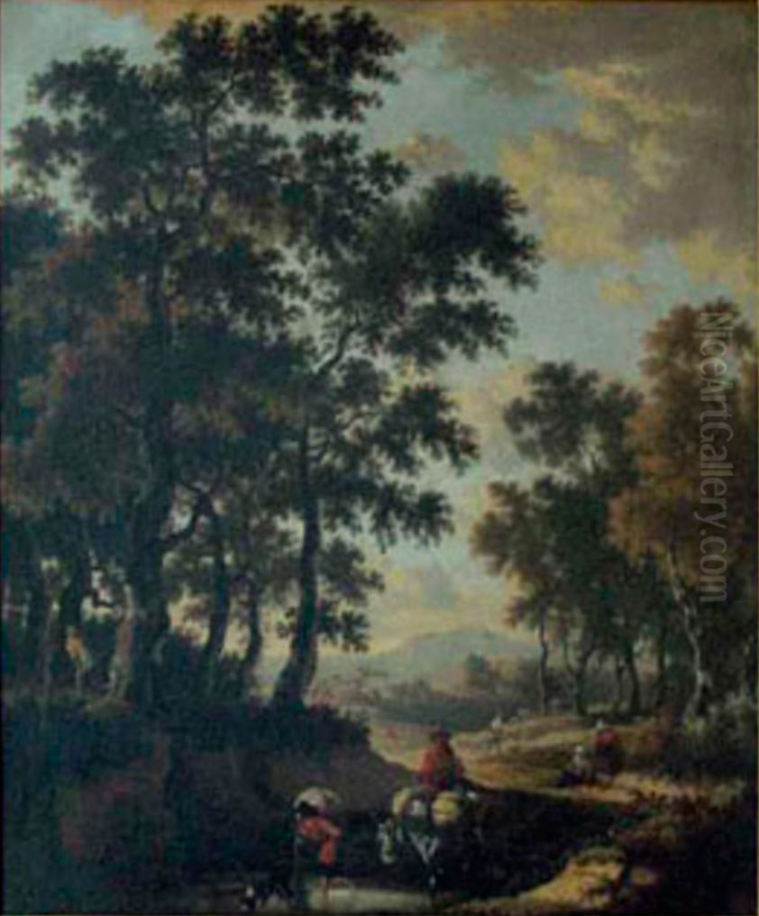 Travellers In A Wooded Landscape Oil Painting by Jan Hackaert