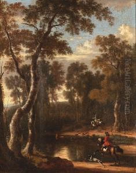 A Wooded Landscape With A 
Sportsman And His Dog On The Bank Of A River With A Horseman Beyond, A 
Traveller On A Path In The Distance; And A Stag Hunt With Three 
Sportsmen On Horseback In A Wooded River Landscape Oil Painting by Jan Hackaert