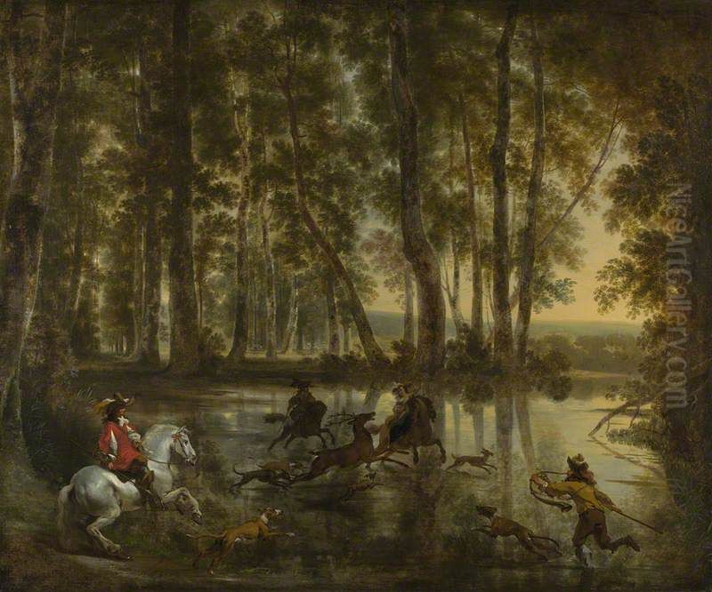 A Stag Hunt In A Forest Oil Painting by Jan Hackaert