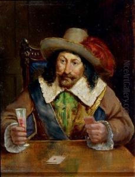 A Gentleman In 17th Century Dress Playing Cards At A Table Oil Painting by David W. Haddon