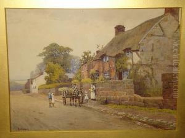 A Village Street Scene, Figures 
Before A Flowersellers Donkey Cart Beside Half Timbered Cottages, 
Signed, Watercolour Oil Painting by Mary S. Hagarty