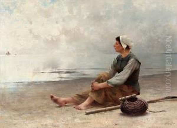 Waiting Oil Painting by August Wilhelm Nikolaus Hagborg