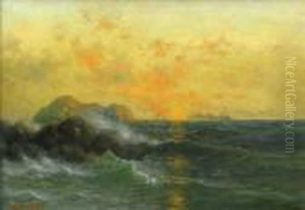 Steamer Off The Coast Of California Atsunset Oil Painting by Nels Hagerup