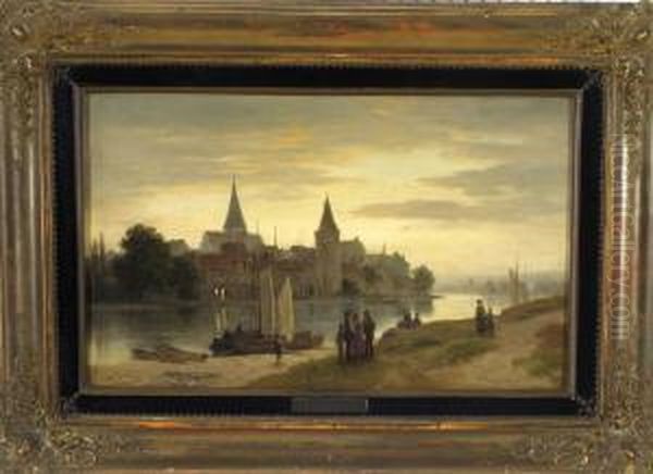 Blick Auf Eine Mittelalterliche 
Stadt Am Flussufer In Abendlicher Landschaft Mit Reicher 
Personenstaffage Oil Painting by Ludwig Halauska