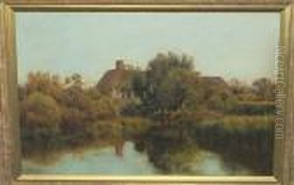 Summer River Landscape With 
Swallows Above A Pond In The Foreground With Thatched Cottages Amongst 
Trees And A Mother And Child Beside A Doorway Beyond Signed Oil Painting by Richard William Halfnight