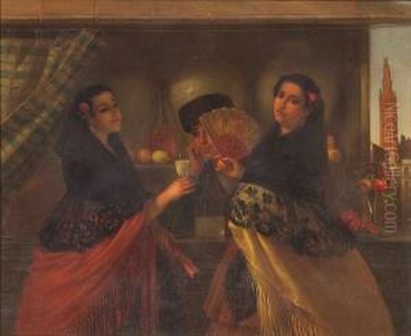 Ladies In Traditional Sevillan 
Dress At A Vendor's Stall With The Giralda Tower Of Seville Beyond Oil Painting by George Henry Hall