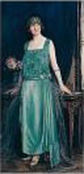 Full Length, Standing, Wearing A
 Green Dress And Matching Bandeau, Flowers On A Table To The Left Oil Painting by Maud Hall-Neale