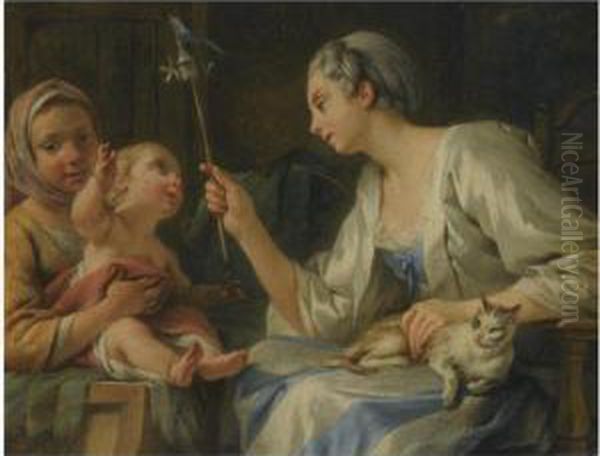 An Interior With Two Women Entertaining A Child Oil Painting by Noel Halle