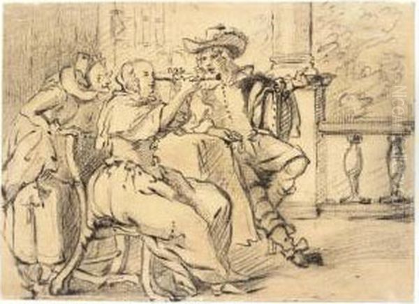 An Elegant Couple Seated On A 
Terrace, The Woman Looking Through A Telescope, An Old Woman Standing 
Behind Oil Painting by Dirck Hals