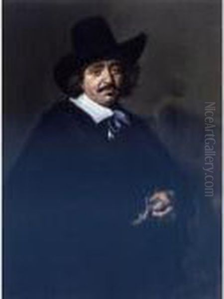 Portrait Of A Gentleman, 
Three-quarter Length, In A Black Coat And Cape With A Black Hat, Holding
 Gloves Oil Painting by Frans Hals
