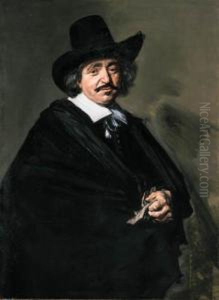 Portrait Of A Gentleman, 
Three-quarter-length, In A Black Coat Andcape With A Black Hat, His 
Gloves In His Left Hand Oil Painting by Frans Hals