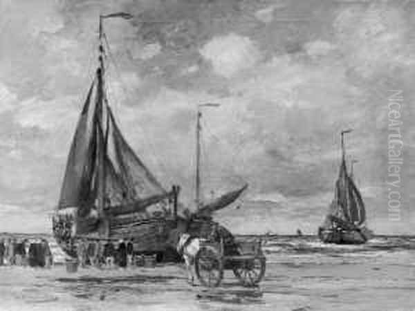 Beim Entladen Des Fischfangs. 
Signiert Unten Links: W. Hambuchen. Ol Auf Leinwand. H 60; B 80 Cm. Oil Painting by Wilhelm Hambutchen