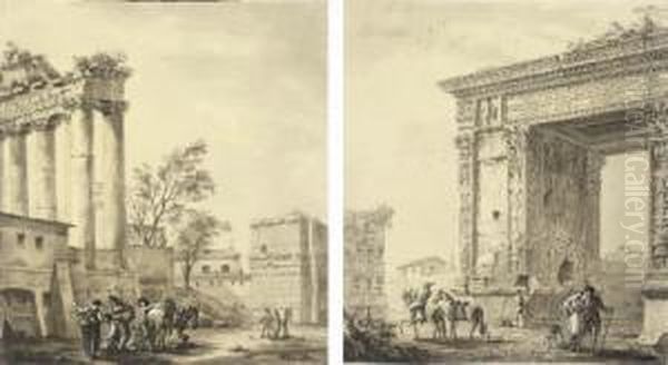 Figures Before The Arch Of 
Septimius Severus, The Forum, Rome; And Figures By The Temple Of Saturn,
 The Forum, Rome Oil Painting by William Hamilton