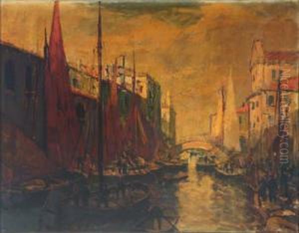 Blick Auf Einen Kanal Mit Booten Einer Wohl Italienischen Stadt Oil Painting by Otto Hammel