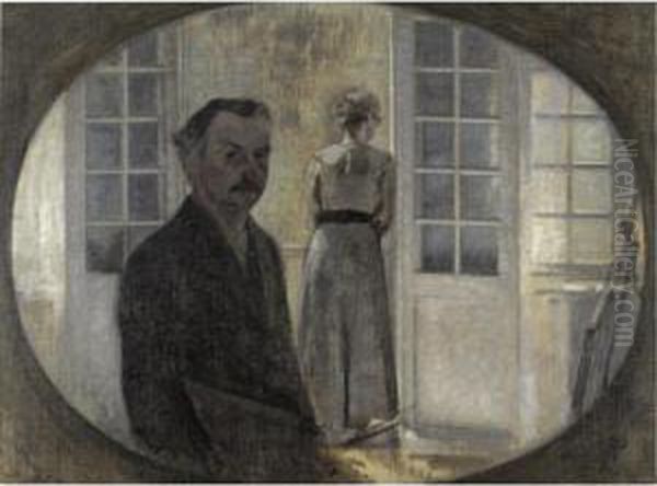 Interior Med Kunstneren Og Hans 
Hustru (double Portrait Of The Artist And His Wife, Seen Through A 
Mirror) Oil Painting by Vilhelm Hammershoi
