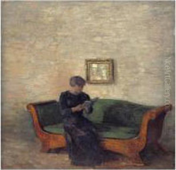 Stue. Pa En Birketraessofa Med 
Gront Betraek Sidder En Sortklaedt Dame (interior With Lady Seated On A 
Birchtree Sofa) Oil Painting by Vilhelm Hammershoi