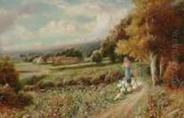 Country Landscapes, Thought To 
Be A View In Warwickshire With Girl Tending Geese And A View In 
Haslemere, Surrey, With Children Playing By A Pond Oil Painting by Robert John Hammond