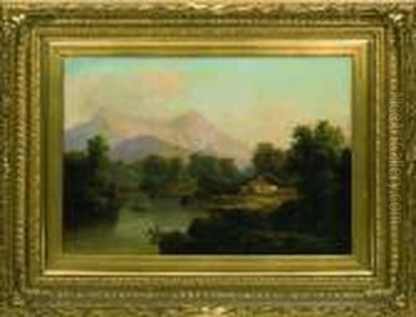 Unter Leicht Bewolktem
 Sommerhimmel Romantische Landschaft Mit Berghutte Und Personenstaffage Am Bewaldeten See Oil Painting by Guido Hampe