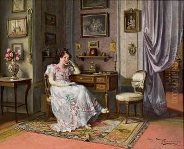 Elegante Dame Am Schreibtisch Oil Painting by Johann Hamza