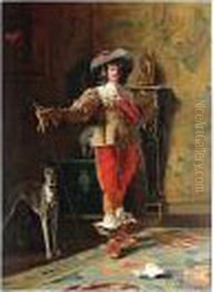 A Cavalier And His Dog, Signed 
And Inscribed Wien, Oil On Paper Laid Down On Canvas, 63 X 50 Cm.; 24 
3/4 X 19 3/4 In Oil Painting by Johann Hamza