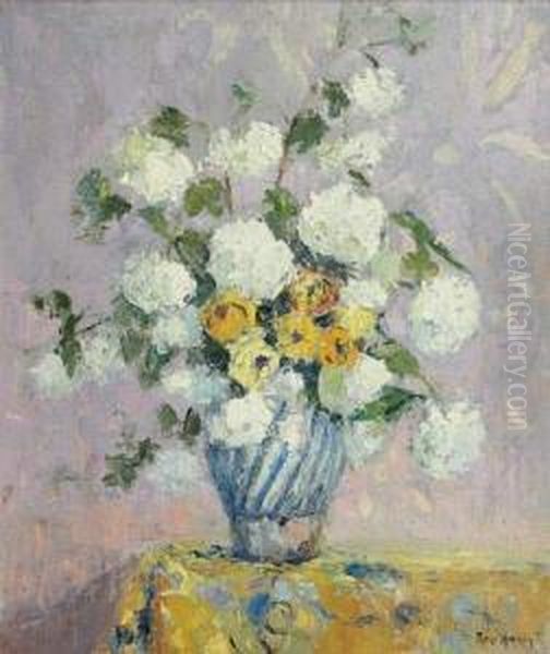 Bouquet De Fleurs, Boule De 
Neige 1928 Huile Sur Toile Marouflee Sur Panneau Signee En Bas A Droite. Oil Painting by Rene Hanin