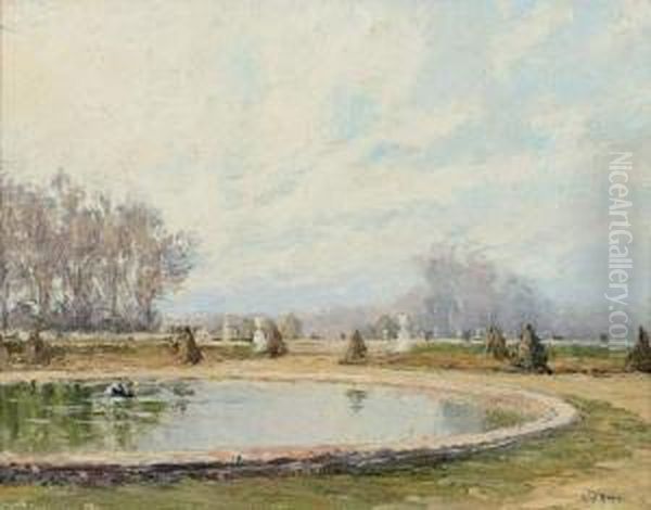 Piece D'eau, Versailles 1926 
Huile Sur Toile Marouflee Sur Panneau, Signee En Bas A Droite. Oil Painting by Rene Hanin