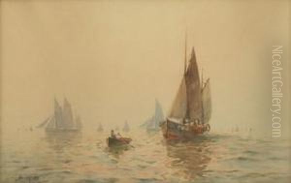 Landscape Of Sailboats At Sea Oil Painting by Charles E. Hannaford