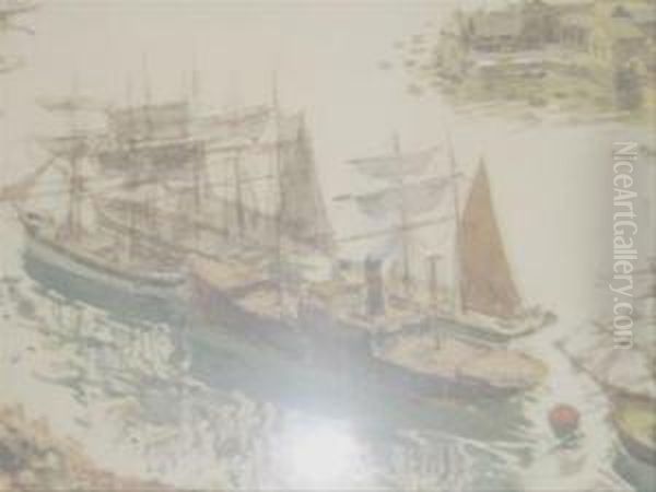 Shipping In A Port Oil Painting by Charles E. Hannaford