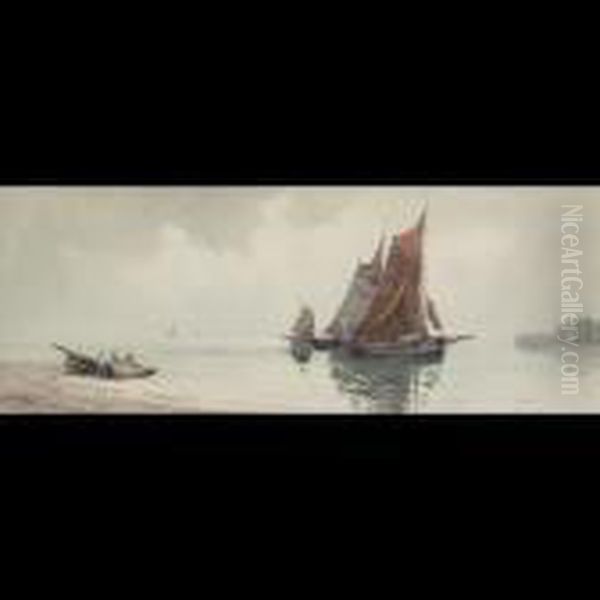 Fishing Boats Off An English Coast Oil Painting by Charles E. Hannaford