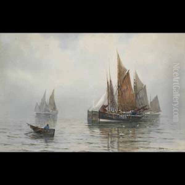 Fishing Boats In A Calm Oil Painting by Charles E. Hannaford
