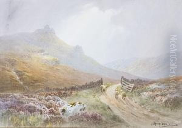 Landscape With Sheep On A Path; Fishingvessels In A Calm Sea Oil Painting by Charles E. Hannaford