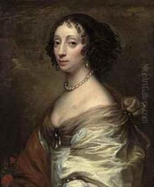 Portrait Of A Lady, Bust-length,
 In A White Satin Dress, With A Broach And Pearls, A Red Flower In The 
Foreground Oil Painting by Adriaen Hanneman