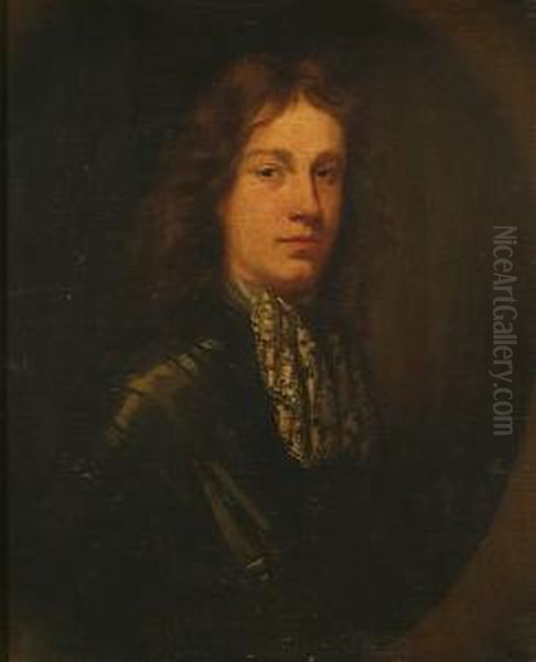 A Portrait Of A Young Gentleman 
Of The Yaxley Family, In Armour, Long Bust Length, Within A Painted Oval Oil Painting by Adriaen Hanneman