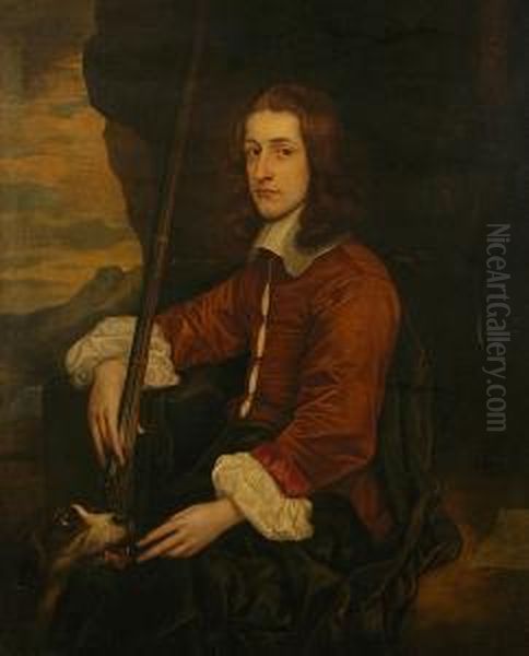 A Portrait Of Francis Potts 
Seated Half Length With His Gun And Hound, A Landscape Beyond Oil Painting by Adriaen Hanneman