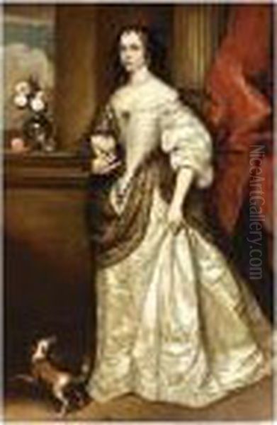 A Portrait Of A Lady, Standing 
Full Length, Wearing A White Silk Dress With Green Shawl And Pearl 
Jewellery, Holding A Lapdog Oil Painting by Adriaen Hanneman