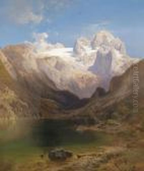 Viewof The Dachstein From Lake Gosau Oil Painting by Anton Hansch