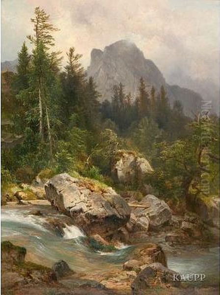 Blick Auf Einen Bewegten 
Flusslauf Mit Felsen Vorbewaldeter Alpenlandschaft Mit Gebirgsmassiv In 
Der Ferne Oil Painting by Anton Hansch