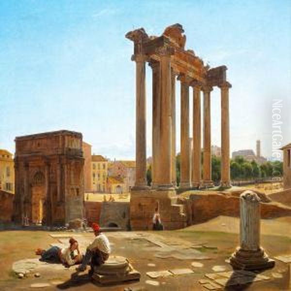 View Of The Romanforum With The 
Temple Of Concordia And The Arch Of Septimiusseverus Seen From The Foot 
Of The Capitoline Hill Oil Painting by Constantin Hansen