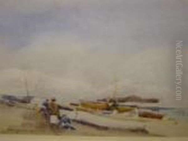 Beach Scene With Boats And Figures Oil Painting by Hans Hansen