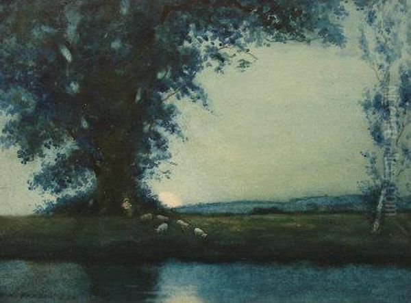 Moonlit Shepherd - Shepherd Tending His Flock Beneath A Tree Beside
 A Moonlit River Oil Painting by Hans Jacob Hansen