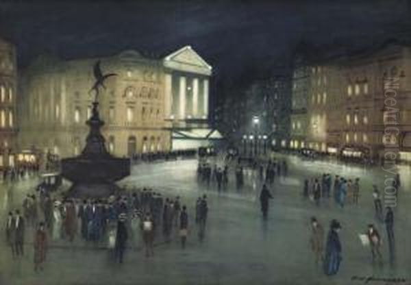 Piccadilly Circus At Night, London Oil Painting by Hans Jacob Hansen
