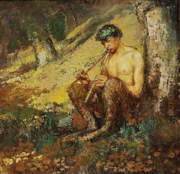 A Faun Is Playing The Flute In The Woods Oil Painting by Hans Nicolaj Hansen