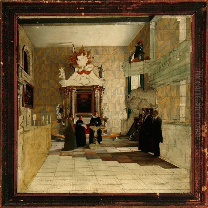 Baroque Church Interior With A 
Christening, Presumeably In A Private Chapel On A Danish Manor Oil Painting by Josef Theodor Hansen