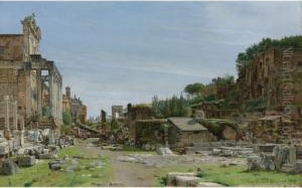 The Roman Forum: A View From The
 Via Sacra Looking East Towards The Arch Of Titus, The Temple Of 
Antoninus And Fausta To The Left, And The Palatine Rising To The Right. Oil Painting by Josef Theodor Hansen