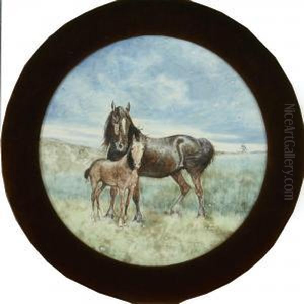 Two Horses On Field Oil Painting by Karl Frederik Hansen-Reistrup