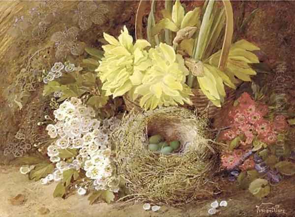 May blossom, violets, primroses, daffodils in a wicker basket Oil Painting by Vincent Clare