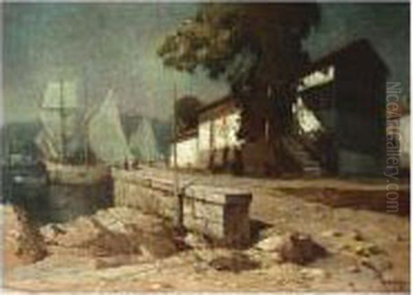 Alexei , Sail Boats Moored In 
The Harbour, Signed In Latin And Dated 1927, Oil On Canvas, 70 X 95 Cm.;
 27 1/2 X 37 1/4 In Oil Painting by Aleksei Vasilievich Hanzen